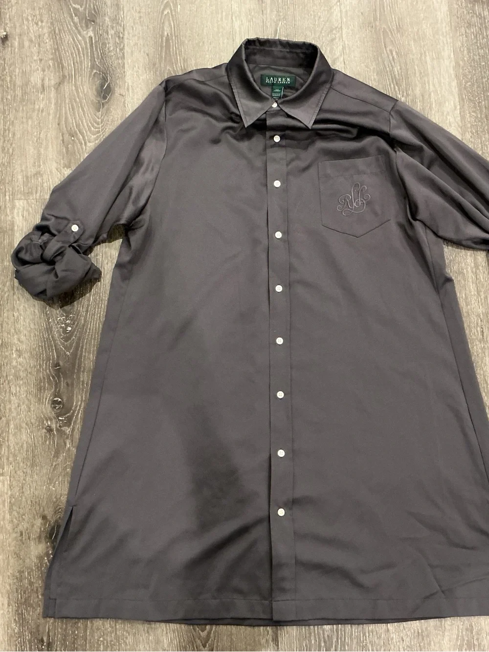 Lauren Ralph Lauren Gray Long Sleeve Shirt Dress, satin button up, medium